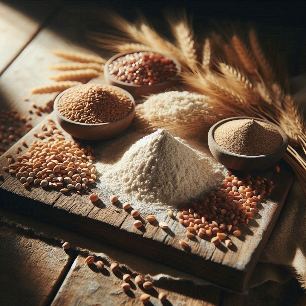 Grains and flours on a wooden board in dappled sunlight